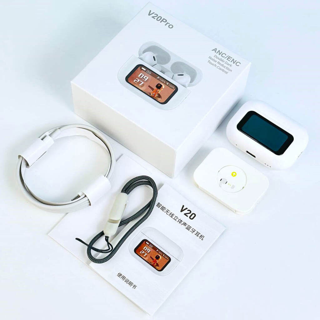 V20 Pro TWS Airbuds | Bluetooth 5.4 | ANC+ENC | Touch Display | 32H Battery